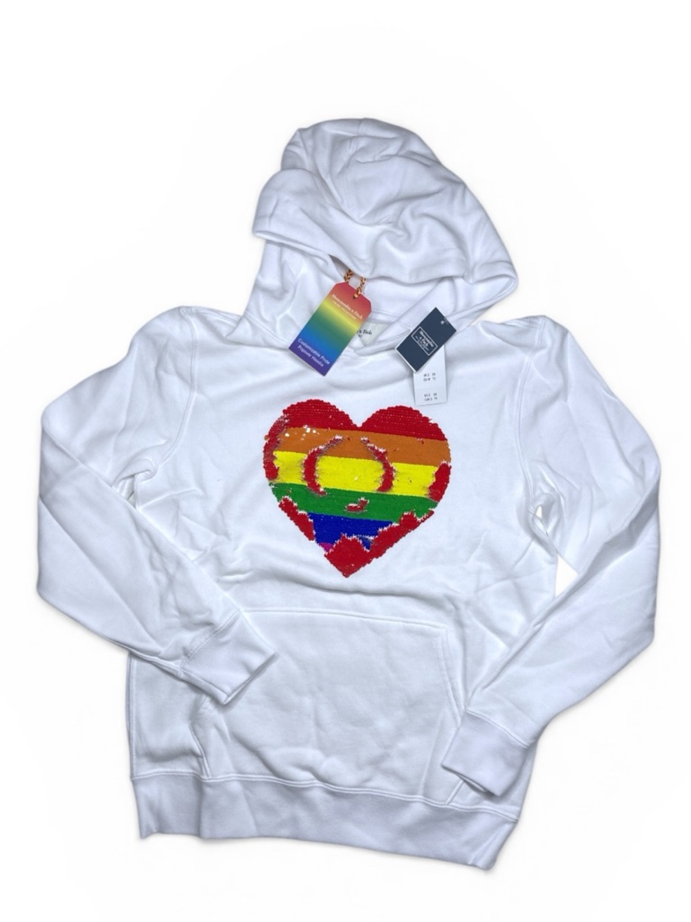 NWT ABERCROMBIE & FITCH Sequin Heart Hoodie XS Pride Popover Sweatshirt Unisex